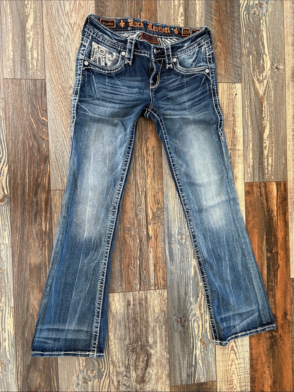 Rock Revival Women's Medium Blue Flare Jeans with Embroidered Pockets